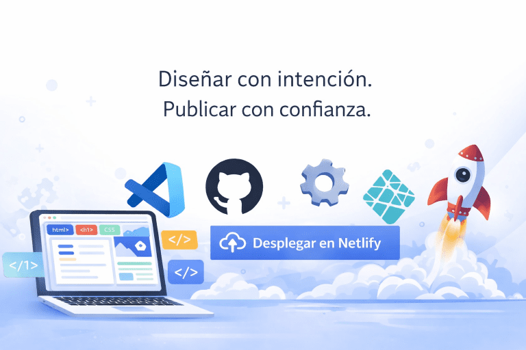 Ilustración de una guía para crear y publicar un sitio web profesional, con el mensaje “Diseñar con intención. Publicar con confianza”.